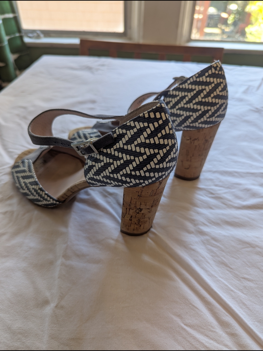 Braided Blue and White Cork Block Heel Sandals